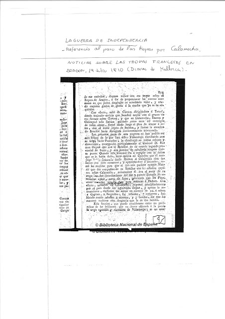 Noticias sobre Calamocha a través  de la prensa. Calamocha 1810 Diario de  Mallorca.